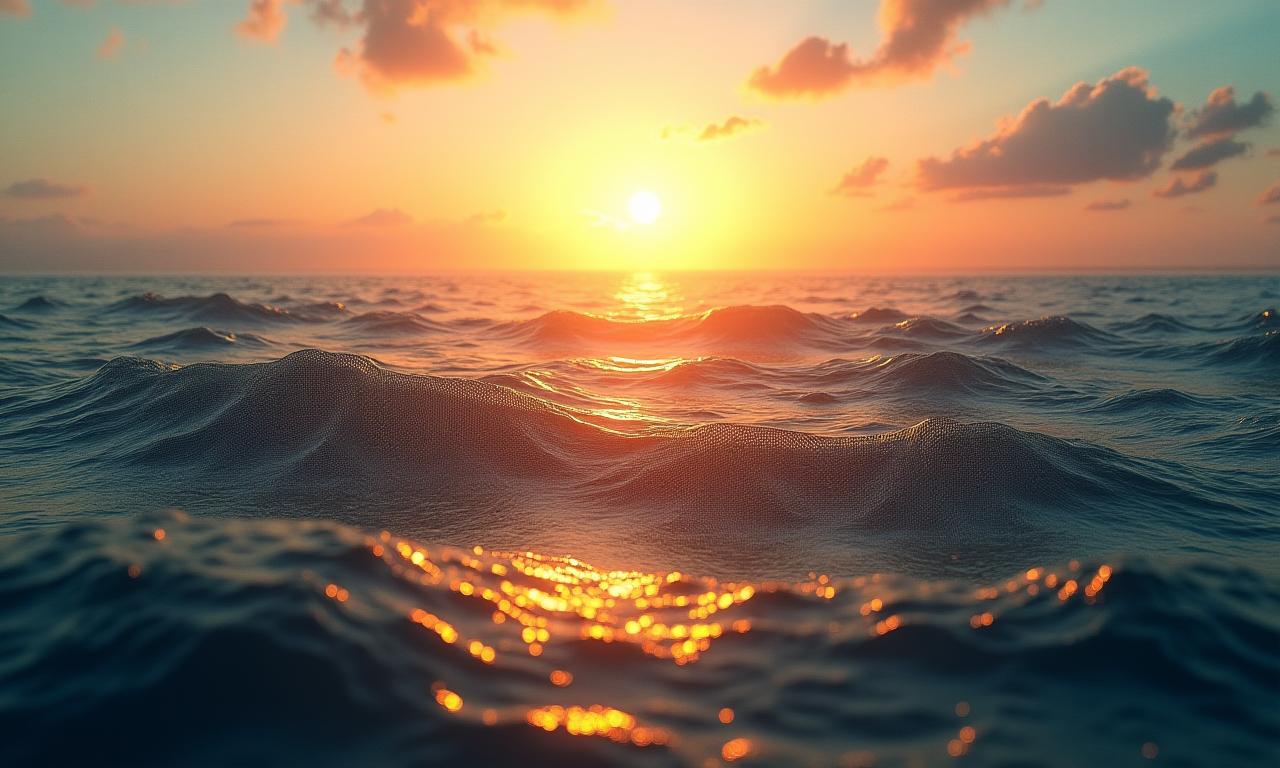 朝日の中で海に広がる高性能漁網